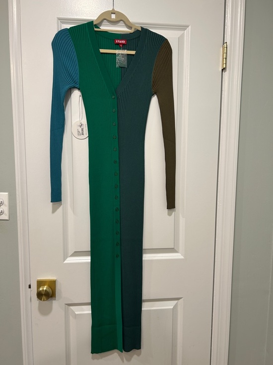STAUD Dresses & Skirts - STAUD Colorblock Ribbed Button-Front Maxi Dress in Teal/Green/Olive